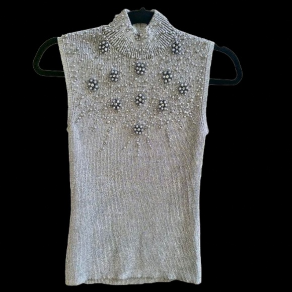 Lauren Michelle Tops - NWT Lauren Michelle Silver Metallic Mock Neck Beaded Sleeveless Tank Sz. Small